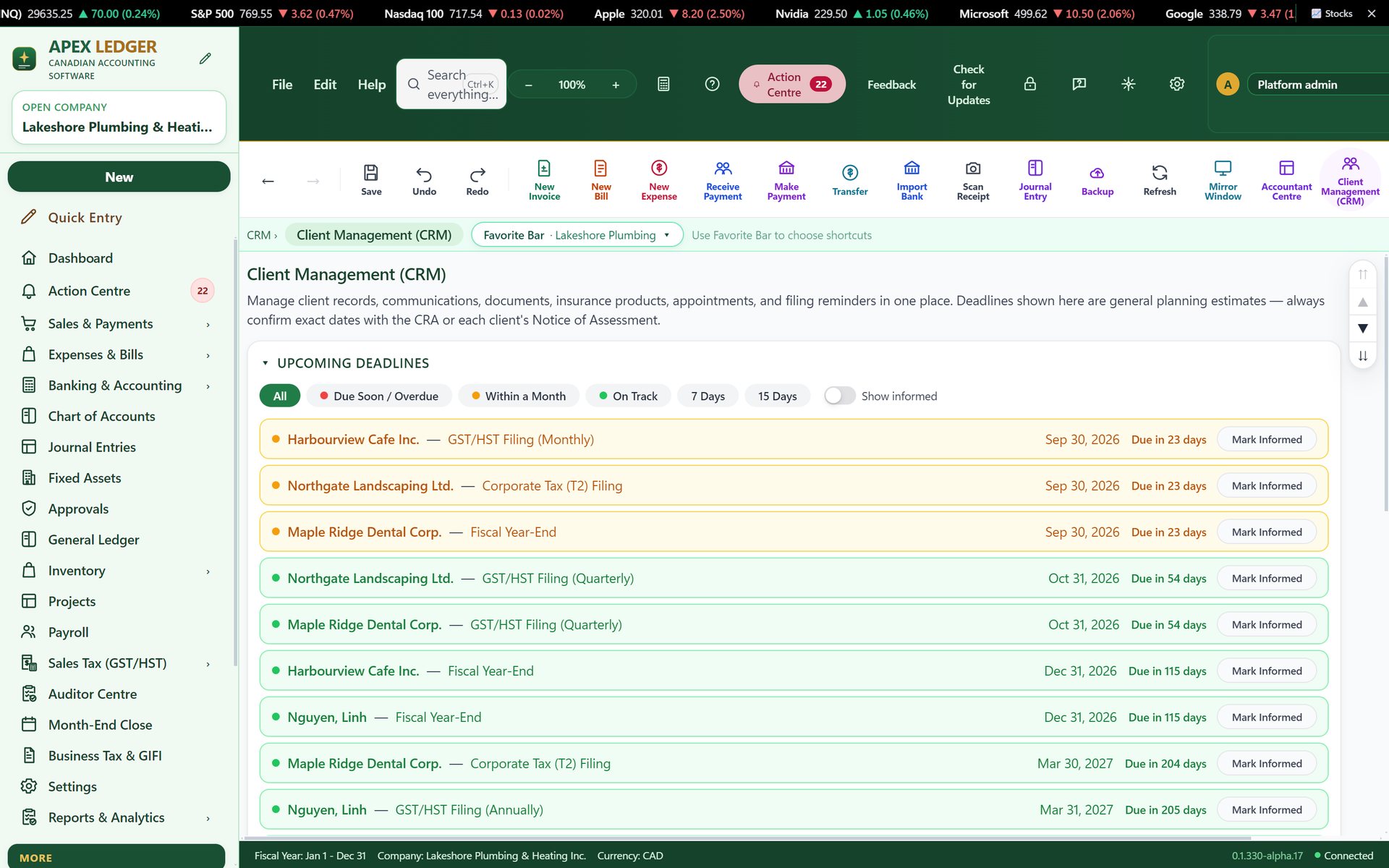 ApexLedger Client Management (CRM) showing upcoming GST/HST, T2 and fiscal year-end deadlines for several clients, colour-coded by urgency